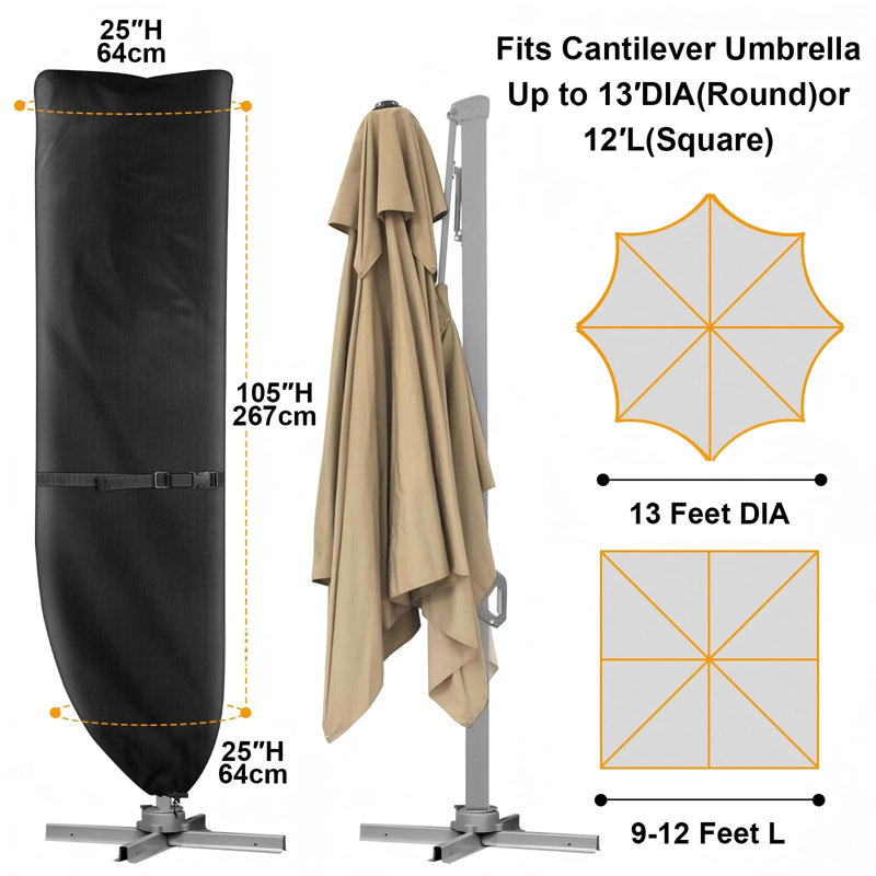 Patio Umbrella Cover For 9'-13' Cantilever Umbrella, Upgraded 600D Heavy Duty Outdoor Umbrella Covers With Support Pole And Zipper