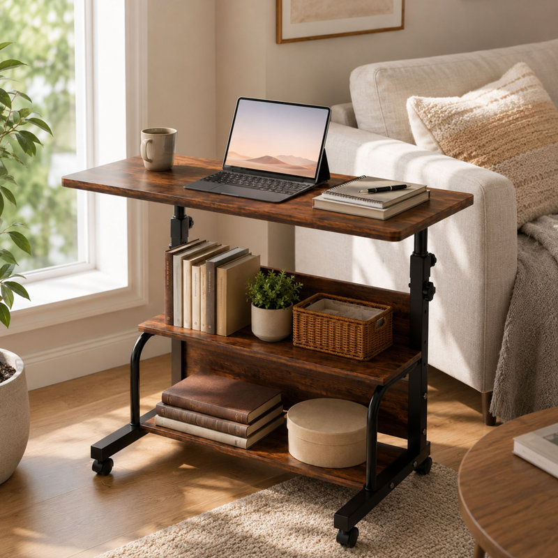 Rolling Adjustable Computer Desk, Storage Shelves