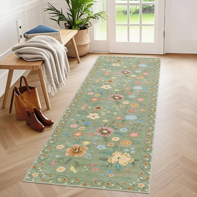 Floral Machine Washable Rug for Living Room Romantic Indoor Carpet for Home Decor Aesthetic Non-Slip Rug for Bedroom Dining Room Office Nursery Playroom Teen Dorm