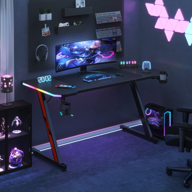 Edica Carbon Fibre Surface LED Gaming Computer Desk with Cup Holder & Headphone Hook, 29.3" H x 63" W x 23.6" D