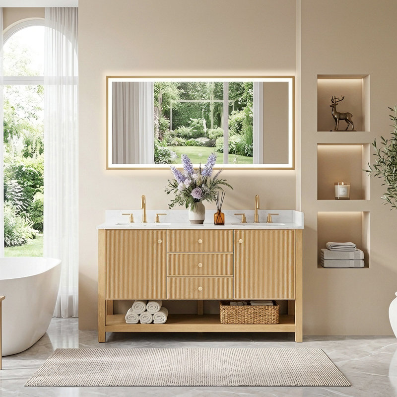 Ensemble de meuble-lavabo double 60 po en chêne blanc avec grain de pierre blanc Arnoltice, 60"
