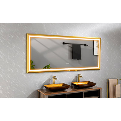 Miroir de salle de bain surdimensionné à DEL à cadre rectangulaire anti-buée et à intensité variable