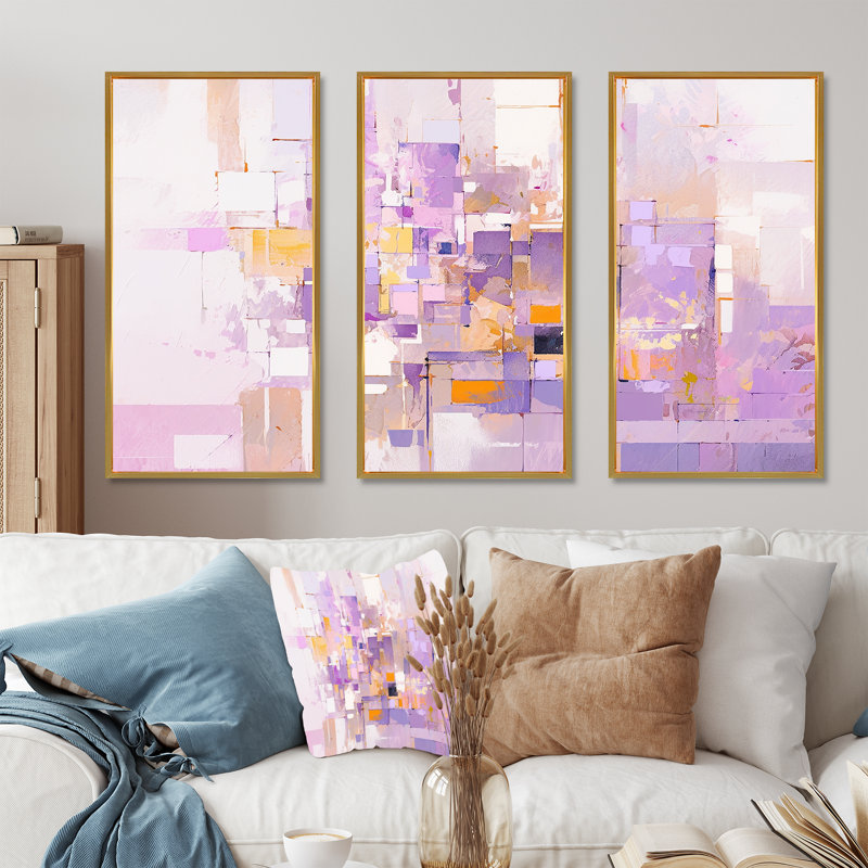 «Pink and Pruple Abstract Shadows I», ensemble d'art mural formes abstraites, Cadre flottant doré, H 28 po x l 36 po x P 1 po