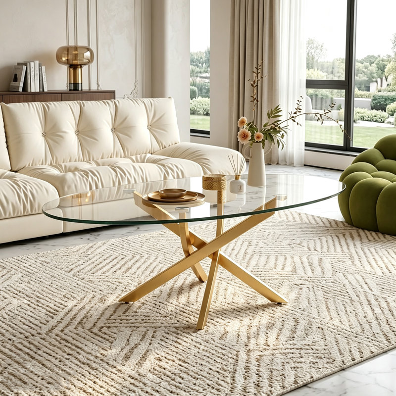 Table basse 39 po avec plateau en verre trempé et pieds en croix dorée 39 po