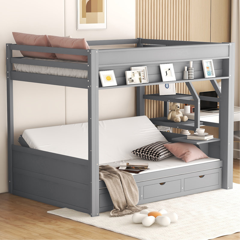 Lit superposé convertible en bois avec escalier de rangement, table de chevet et 3 tiroirs