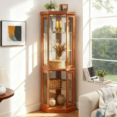Corner Glass Lighted Curio Cabinet With Adjustable Shelves, Mirrored Back & Side-Hung Doors – Antique Display Case For Living Room, Bar, Or Collectibles, Dark Cherry