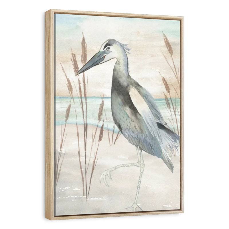 Héron par l'herbe de plage II, Cadre flottant en bois naturel, 13" x 19"