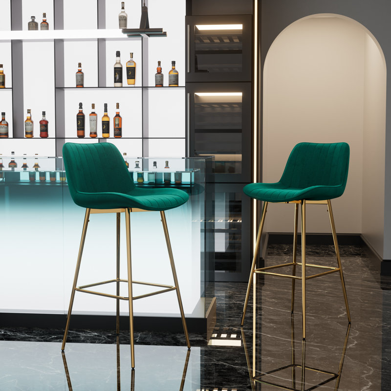 Set of Bar Stools, Velvet Upholstered Fabric Counter Stool With Solid Metal Frame and Velvet Low Back Armless, Green, 2