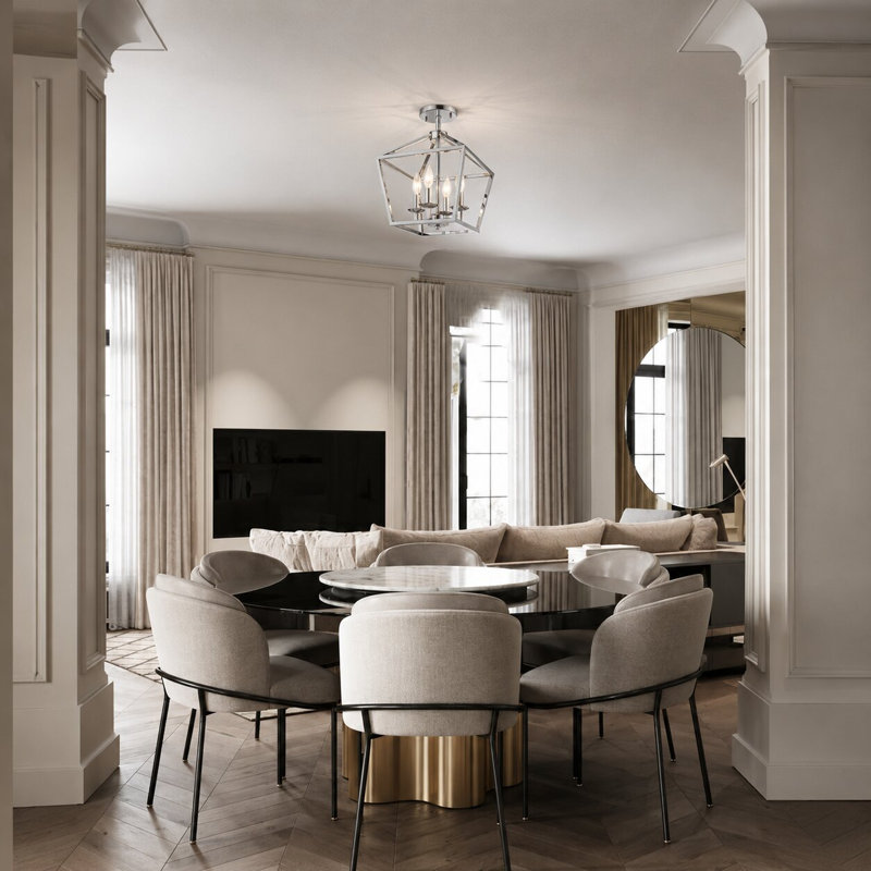4-Light Shiny Nickel Metal Caged Flush Mount