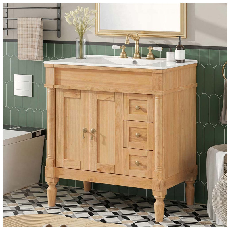 Meuble-lavabo de salle de bain avec lavabo en céramique, Wood-30-Inch