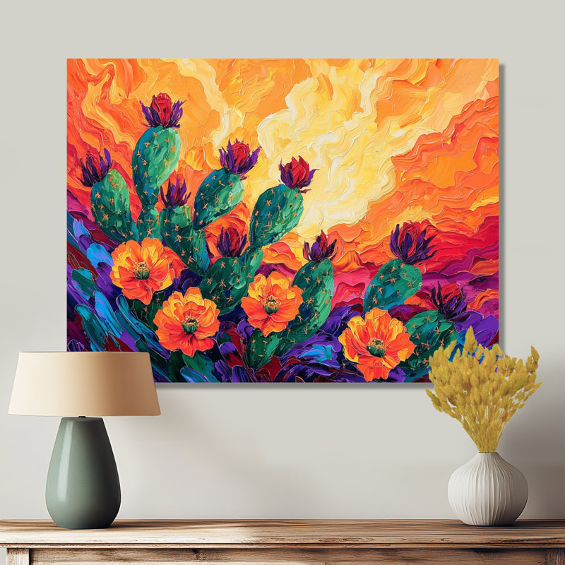 Prune poire cactus coucher de soleil - teintes florales en métal, impression florale de cactus en métal