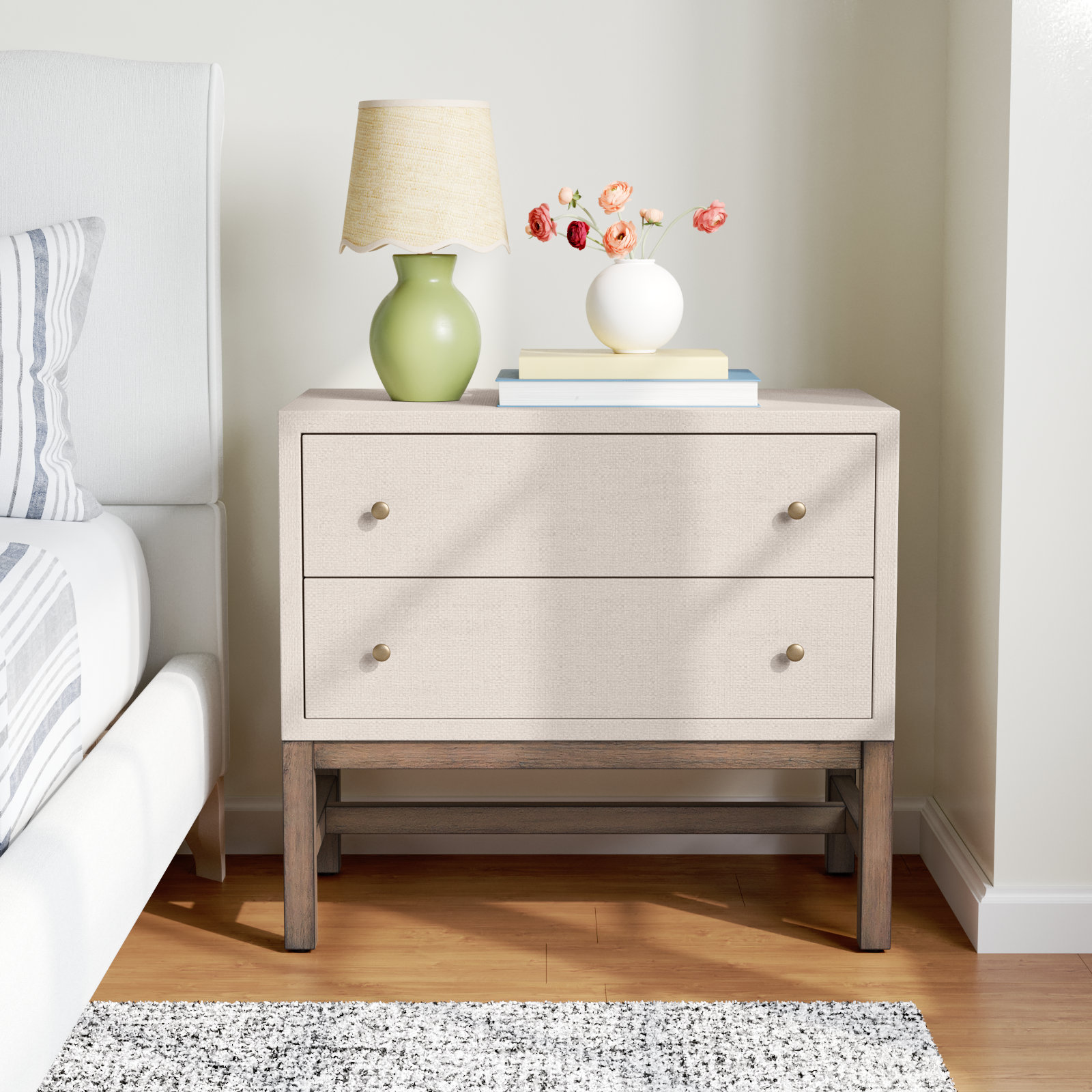 Hakana Raffia Mahogany Nightstand, Ivory Painted Raffia