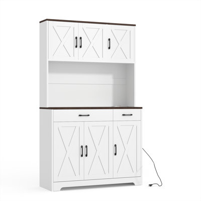 Garde-manger de style campagnard - Bahut autoportant de 71 po de hauteur avec station de charge, support pour micro-ondes, tiroirs et tablettes - Rangement idéal pour la salle à manger, le salon ou le couloir, blanc