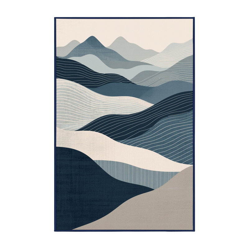 Machine Washable Bensonhurst Modern & Contemporary Abstract Rug in Beige – Navy Binding, 2x3