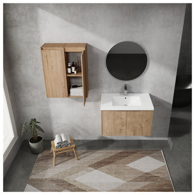 30-Inch Wall-Mounted Bathroom Vanity with Sink and Side Cabinet, Imitative Oak Finish