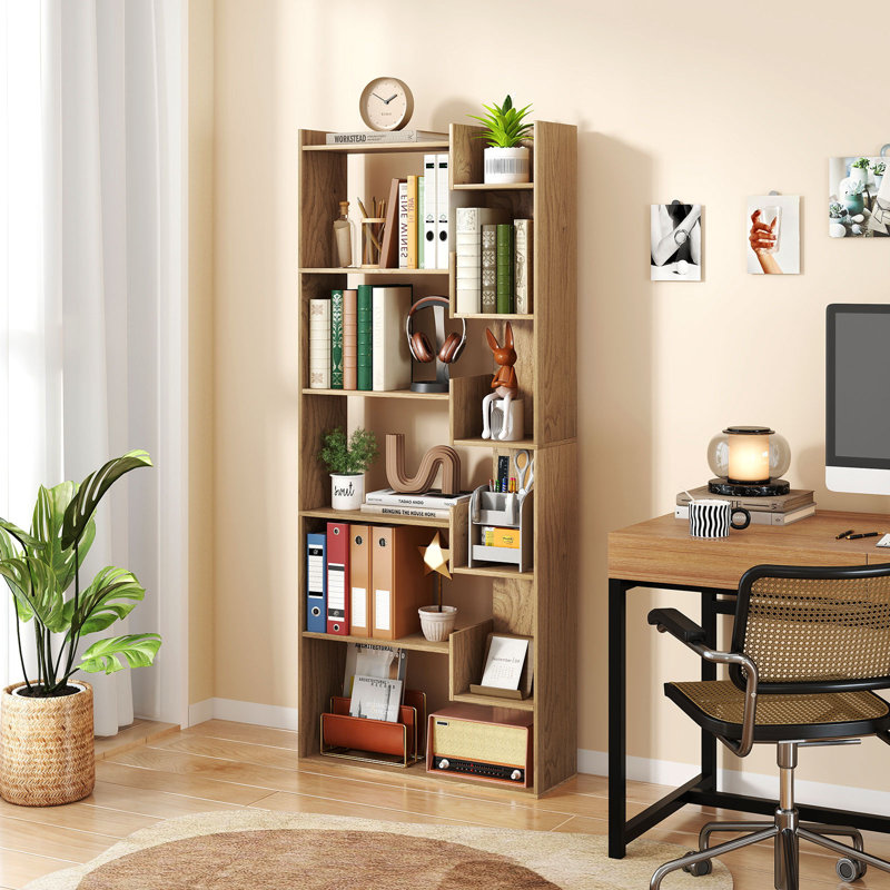 Bibliothèque à 6 niveaux avec 11 tablettes ouvertes et 2 ensembles anti-basculement, Naturel, 1