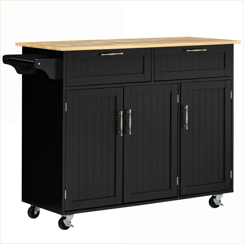 Chariot pour îlot de cuisine | Mobile roulant avec rangement, plateau en bois naturel, armoires à 3 portes, tablettes réglables, porte-serviettes, noir | Panneau de fibres à densité moyenne | Moderne