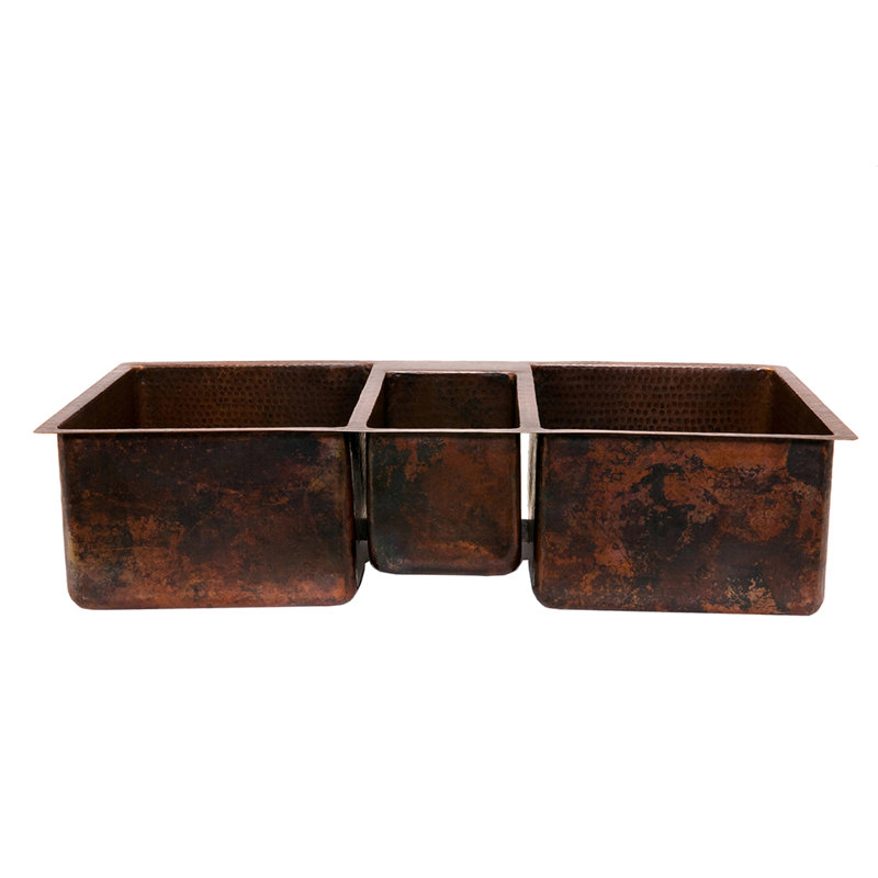 42" Hammered Copper Triple Basin Kitchen Sink, Does Not Apply