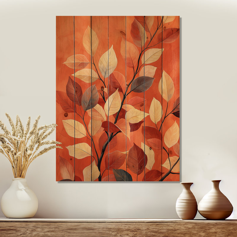 Feuilles de terre cuite, couches de forêt II - feuilles, art mural en bois - sur bois de pin naturel