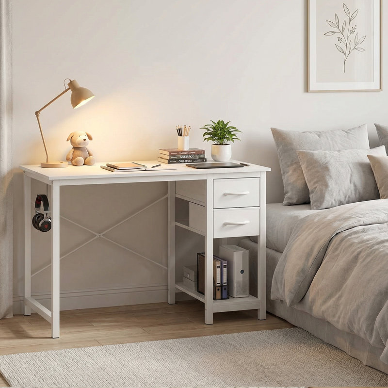 Bureau d'ordinateur moderne 47 "avec 2 tiroirs de rangement et support en X, H 29,57 po x l 39,37 po x P 16,69 po, Blanc