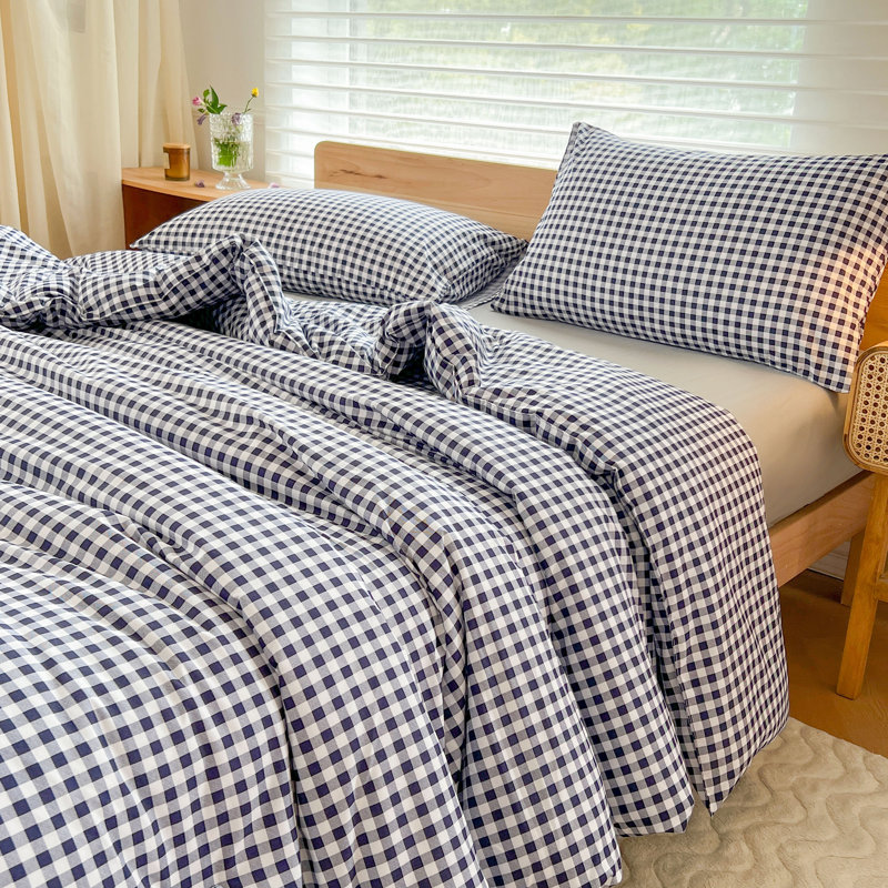 Ensemble d'édredon en microfibre prélavée Gingham, Édredon très grand et 2 taies d'oreiller, Vichy écossais bleu marine