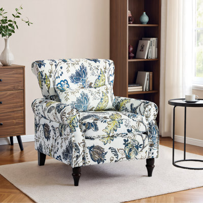 Modern Accent Chair With Wood Legs & Lumbar Pillows, Comfy Upholstered Armchair With Nailhead Trim, Pattern Sofa Chair For Bedroom Living Room by Alcott Hill