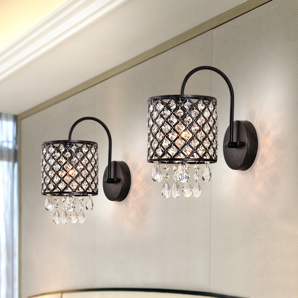 Erelina 1 - Light 6.3''W Dimmable Black Iron and Crystal ETL Armed Sconce (Set of 2) Etta Avenue™