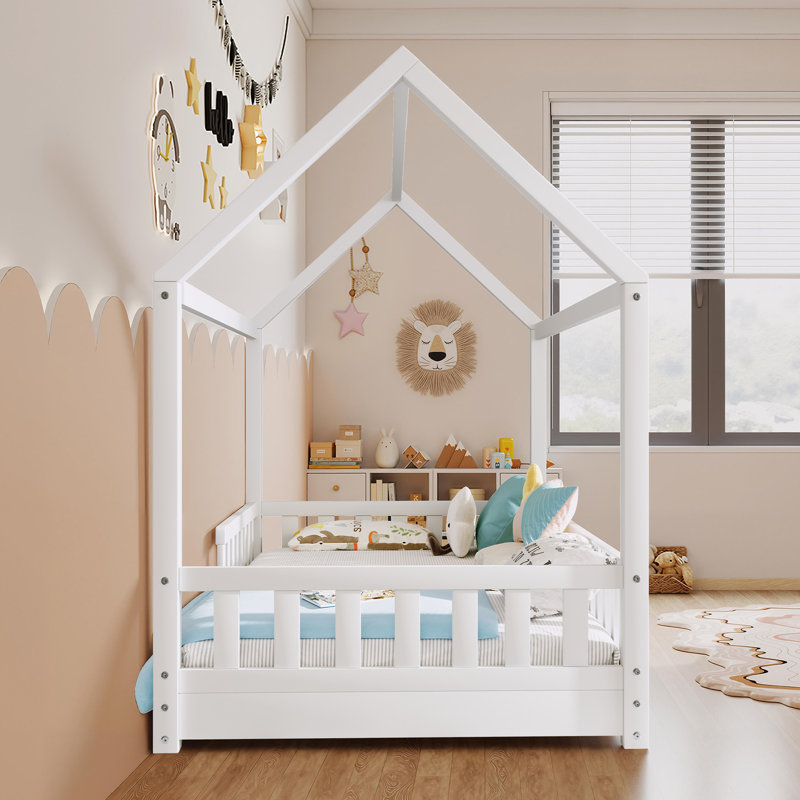 Solid Wood House Bed with Guardrails, Montessori Floor Bed for Kids, Low Profile Toddler Bed Frame with Slats, White