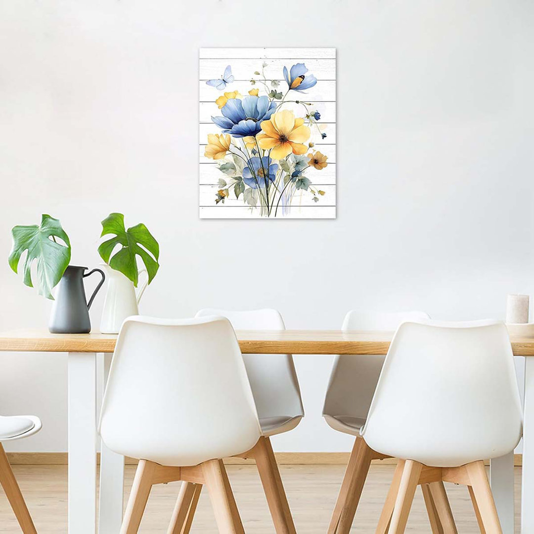 60*40,Floral Butterfly Wall Art Blue And Yellow Flower And Leaf On Rustic Board Abstract Painting.