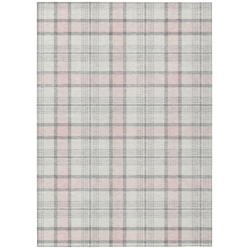 Pink and Gray Plaid Washable Synthetic Rug, 3' x 5'