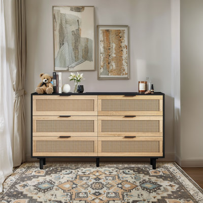 Tiroir 51,18 po à 6 tiroirs avec rangement en rotin, pour chambre à coucher, salon, noir (même SKU: W757112779)