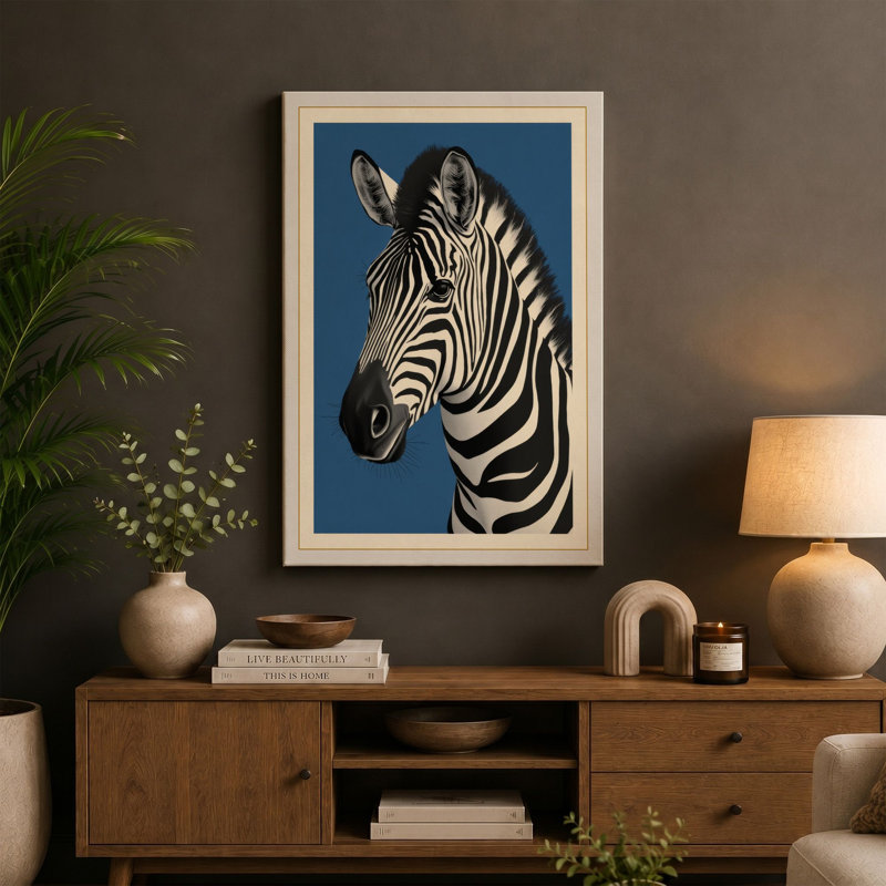 Zebra Portrait Minimalist - Wrapped Canvas, 36x24 - 91.4 x 61.0 cm, Teal Border