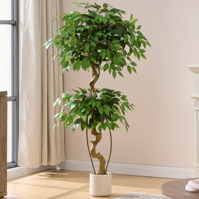 Artificial Ficus Tree 5ft/6ft – Faux Topiary with Twisted Trunk, Multi-Layer Spherical Canopy, Lifelike Silk Leaves & White Pot for Indoor Home Office Living Room Décor