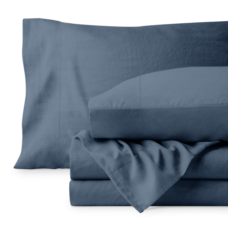 Washed Ultra-soft Microfiber Sheet Set, Queen Sheet Set with 2 Pillowcases, Blue Sea