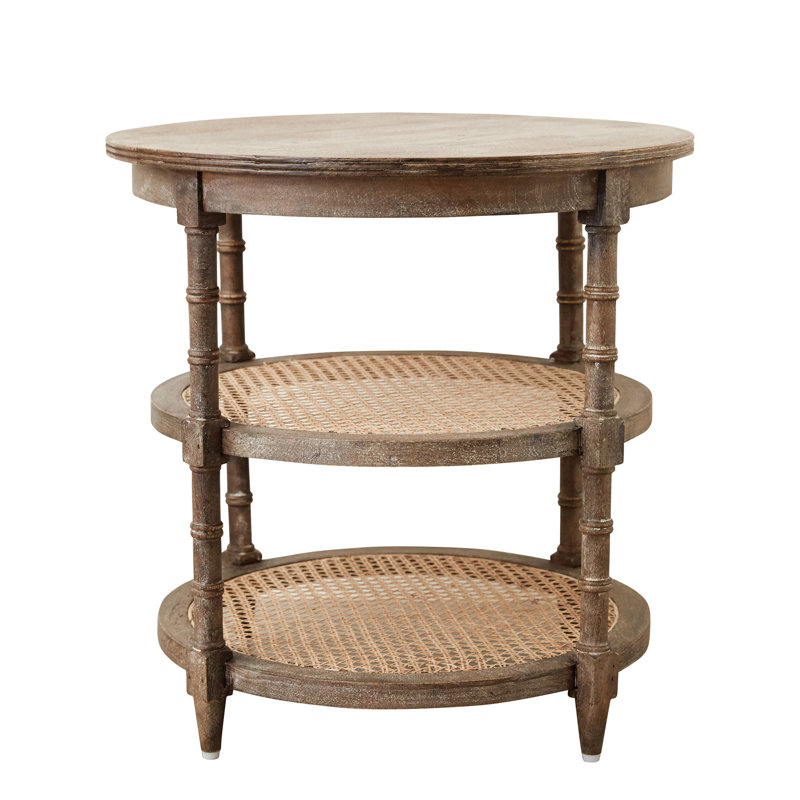 Table ronde en bois de manguier et canne avec 2 tablettes, Naturel