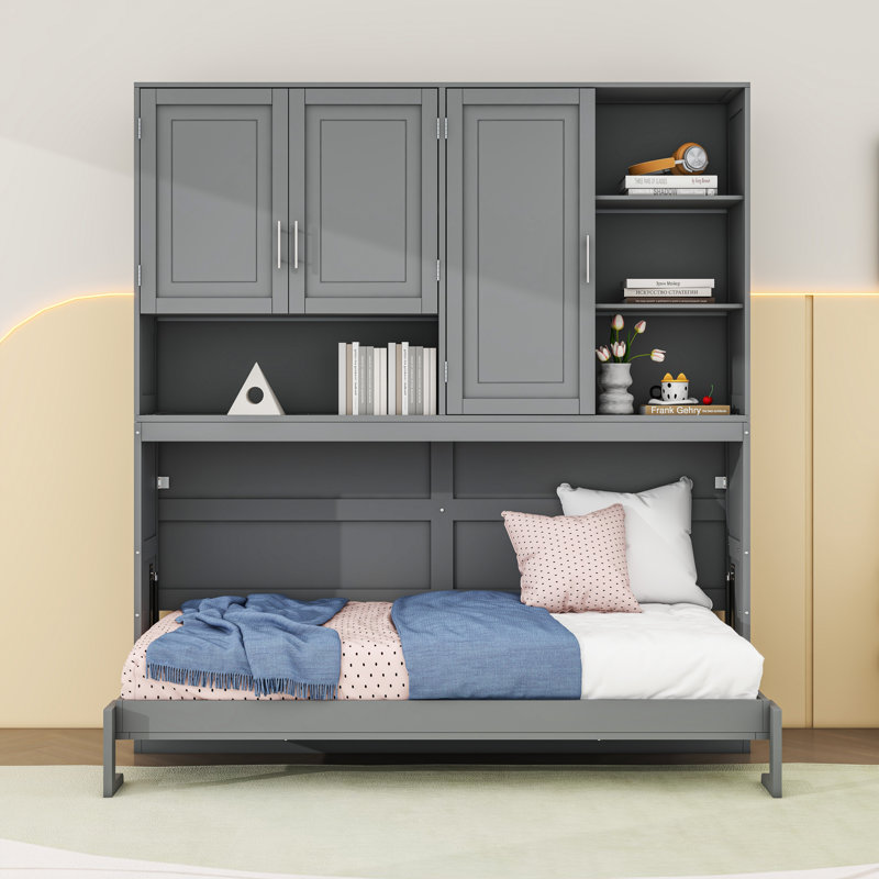 Lit escamotable simple avec tablettes et lumière, Gris