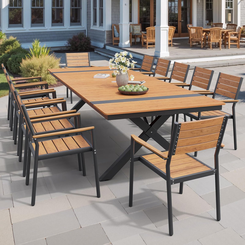 12 - Person 118.1'' W x 40.6'' D Aluminum Outdoor Patio Dining Set with Stackable Chairs, Brown/Black
