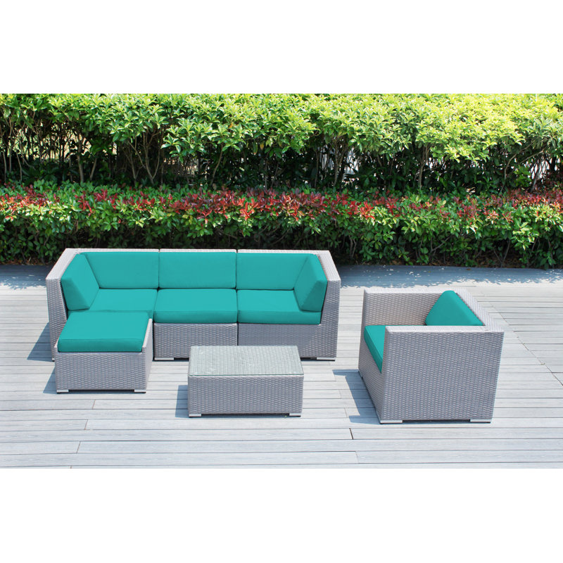 Ensemble de conversation en osier pour 5 personnes avec coussins Lumini, Toile Aruba Sunbrella®