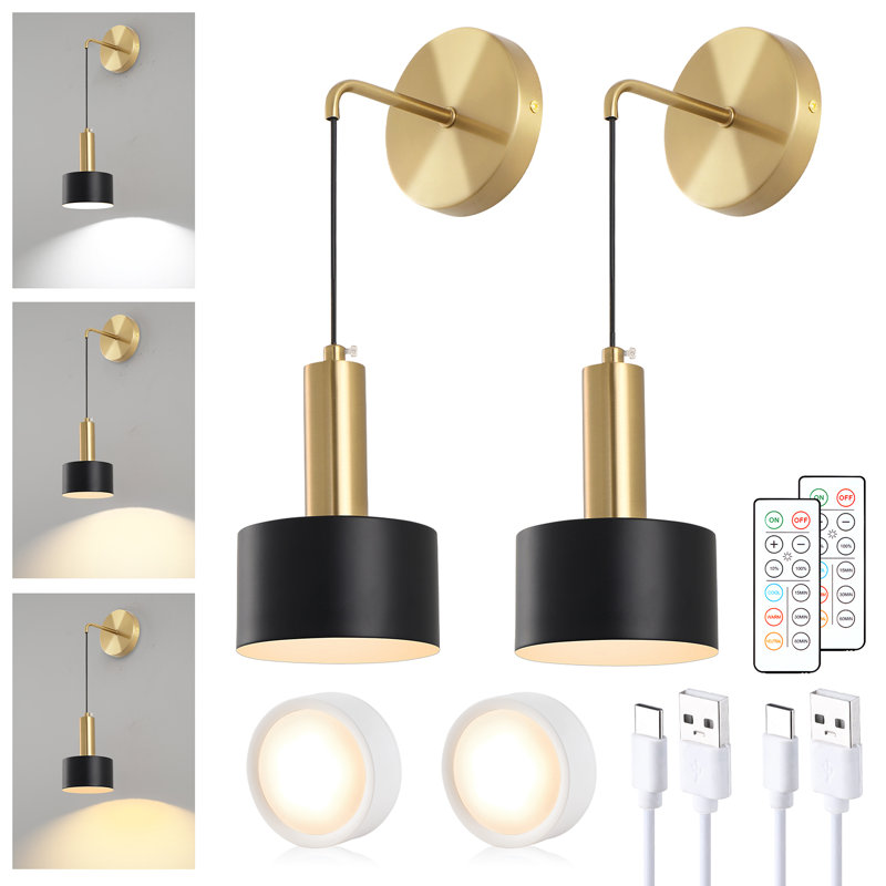 Modern Wall Sconce With Rechargeable Led Bulbs Vanity Lighting (Set of 2), Black