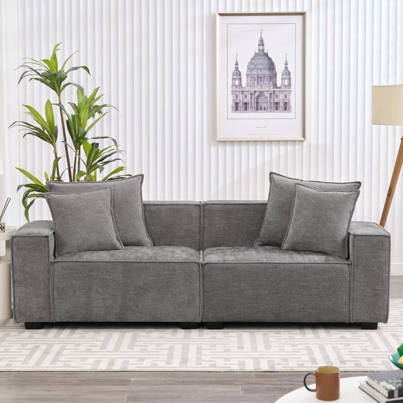  89" Modern Upholstered Sofa Square Armrest Couch Chenille Loveseat, Gray