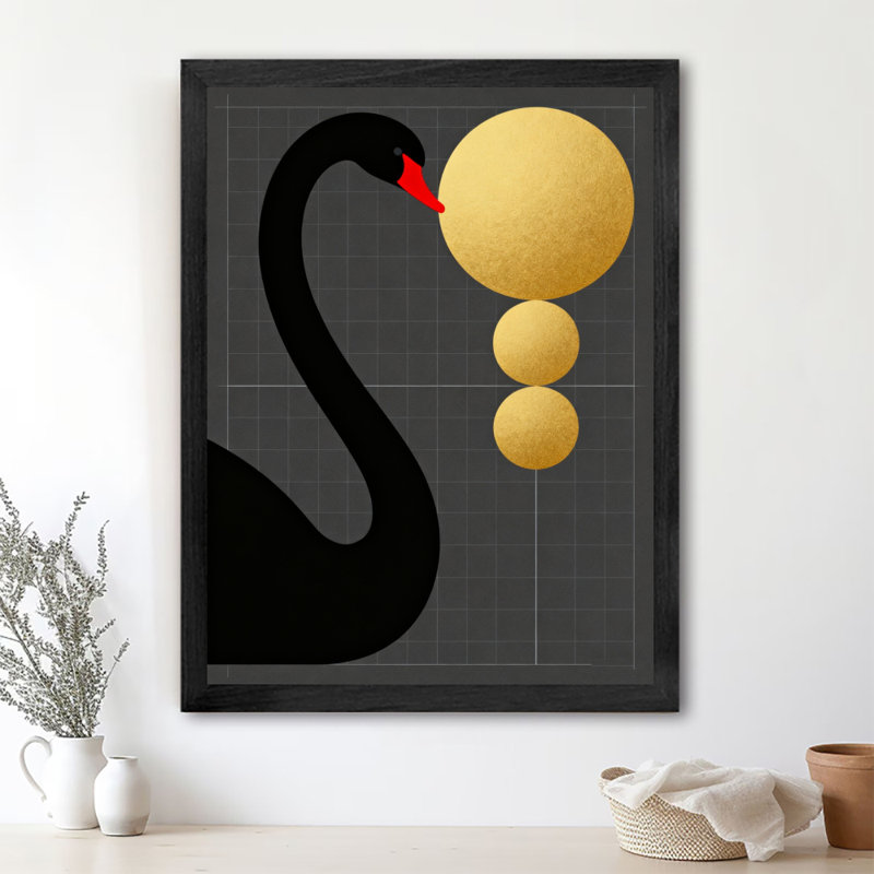 Art encadré noir, cygne noir à bec rouge, impressions rétro de style rétro, H 25 po x l 17 po