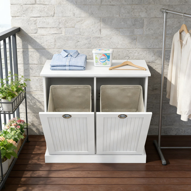 Tilt-Out Laundry Hamper Cabinet With Removable Baskets, Double Hidden Storage Organizer, White Engineered Wood Freestanding Bathroom Or Laundry Room Cabinet