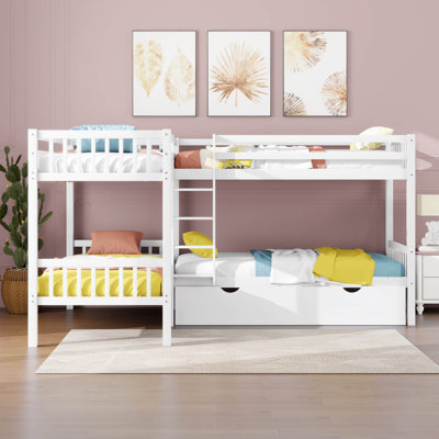 Lits simples superposés en L simples avec tiroirs, cadre de lit peu encombrant avec garde-corps de sécurité pour enfants / adolescents