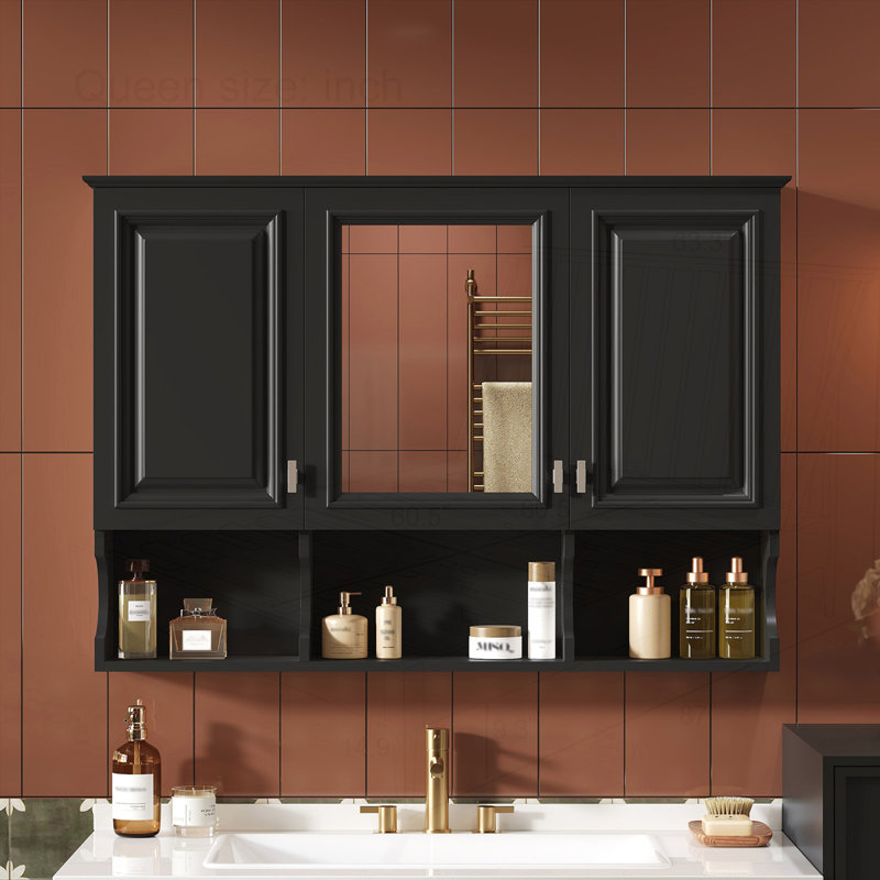 41 Inch Mirror Medicine Cabinet with Open Shelves, Black