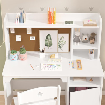 Ensemble de bureau et chaise pour enfants avec huche et armoire de rangement - Table d'écriture et d'étude en bois pour enfants - Poste de travail ergonomique pour chambre à coucher ou salle d'étude - Assemblage facile - Blanc