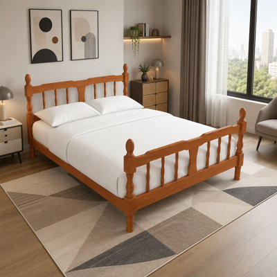 Full Size Wood Platform Bed Frame, Spindle Headboard and Footboard, Light Walnut Finish, Traditional Farmhouse Style, Wood Slat Support