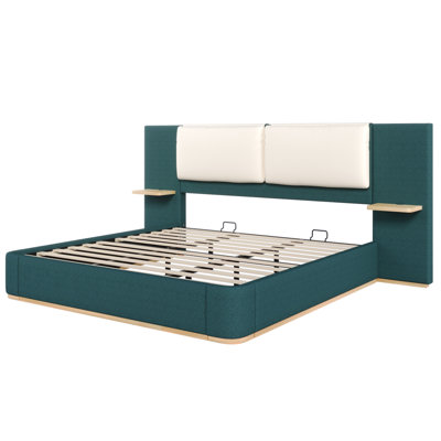 King Size Upholstered Platform Bed with Panel, Platform Bed Frame with Anti-Collision Soft Rounded Corners, Stable and Solid, No Box Spring Needed, Easy Assembly, Green