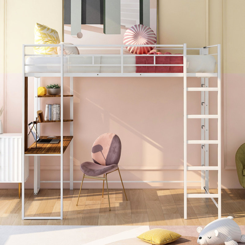 Lit mezzanine en métal blanc avec structure ferme - bureau et 2 tablettes robustes, Blanc