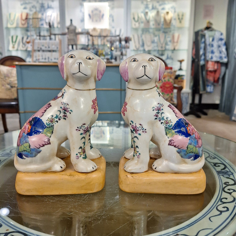 Tobacco Leaf Porcelain Dog Figurines Pair