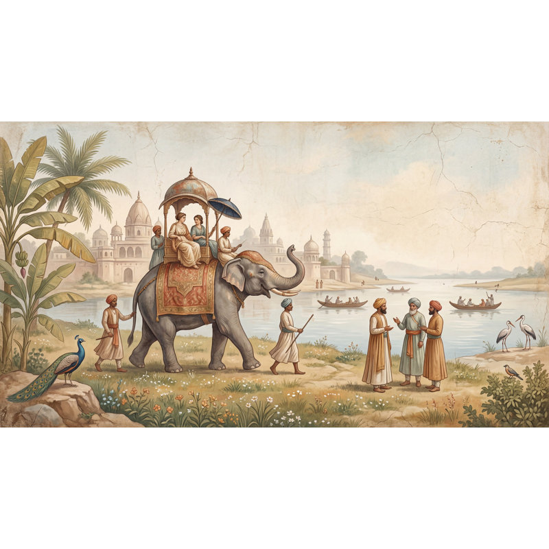 Décoration de mur indien éléphant décoré de dômes de palais moghol, 160 po x 108 po, Texturé non collé
